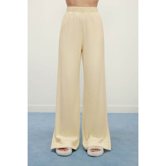 Neiwai Pants - Neiwai Womens Ribbed Wide Leg Pant XL Beige High Rise Flare Pull On Minimalist